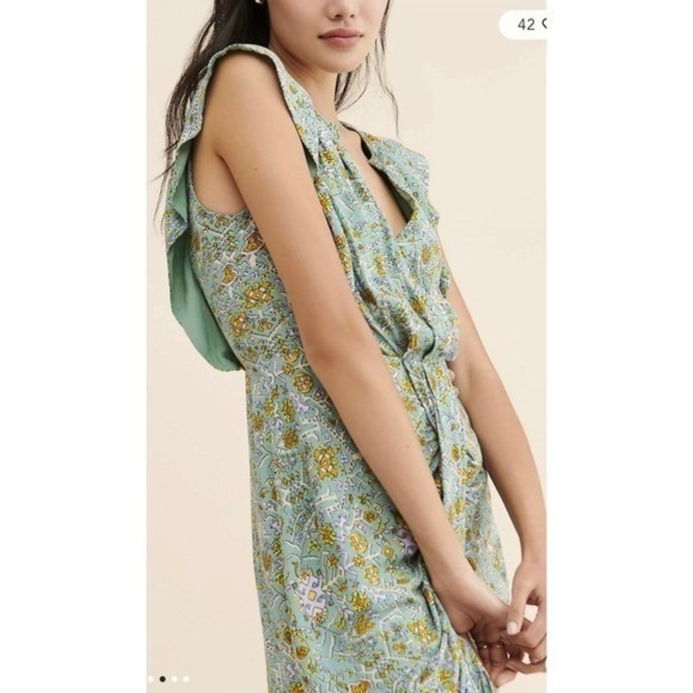 Anthropologie Women's Maeve Blossom Ruffled Mini Dress Sage Floral Draped Sz 12 - Picture 3 of 12